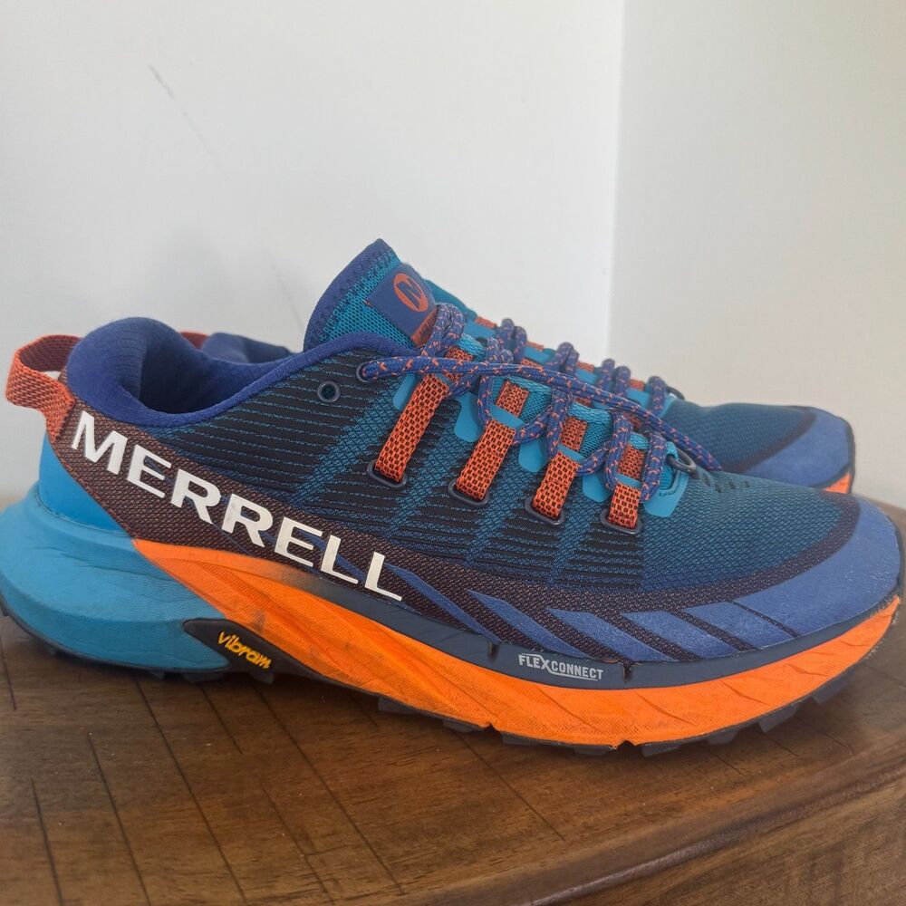 Merrell Mens 9 Agility Peak 4 Trail Running Hiking Shoes Vibram Blue Orange